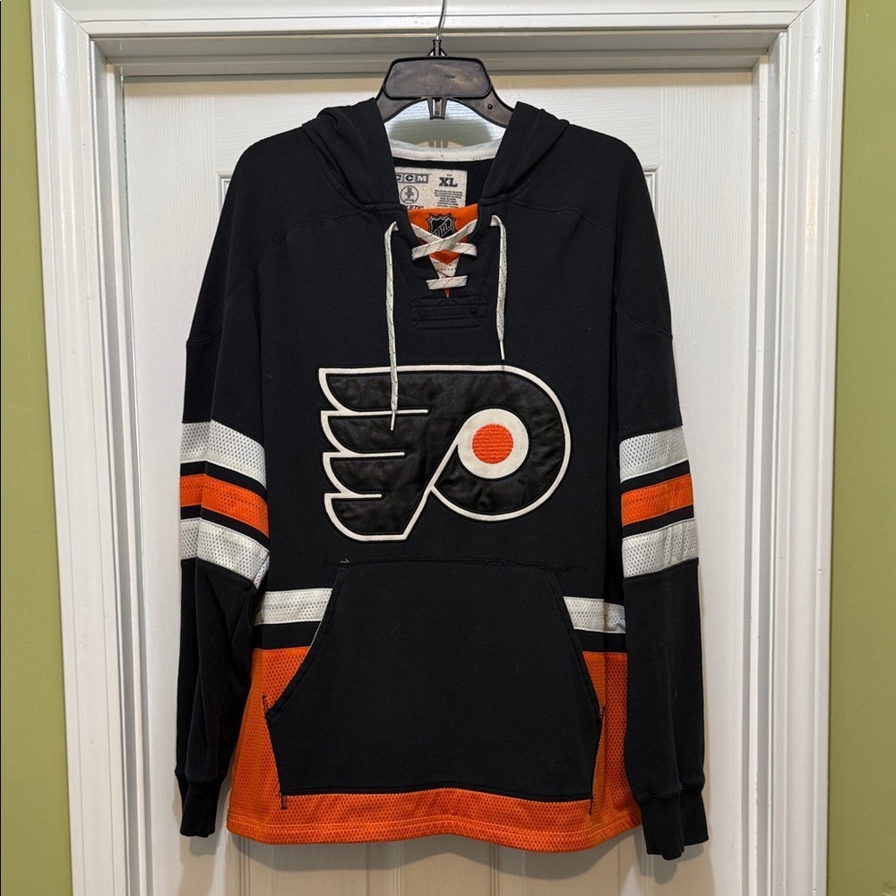 CCM Philadelphia Flyers Skate Lace Hoodie Jersey XL Black Orange NHL